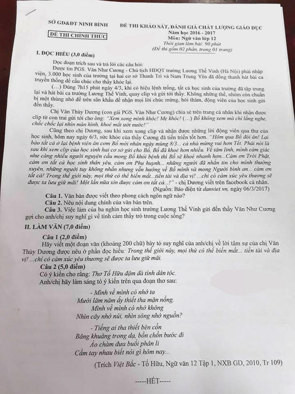 Đề thi Ngữ Văn của Sở GD&amp;amp;amp;ĐT Ninh B&igrave;nh (ảnh face book).