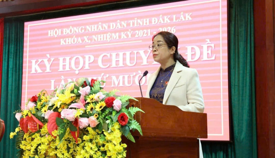 Bà Huỳnh Thị Chiến Hòa- Phó Bí thư Tỉnh ủy, Chủ tịch HĐND tỉnh Đắk Lắk tại hội nghị. Ảnh: Công Lý