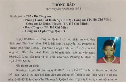 Công an phát đi thông báo về việc tìm kiếm bé Hiếu.