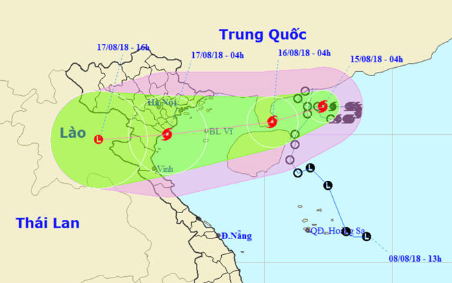Hình ảnh đường đi của bão số 4 - Bebinca vào sáng 15/8. Các điểm màu đen là vị trí bão/áp thấp đã đi qua. Ảnh: NCHMF.