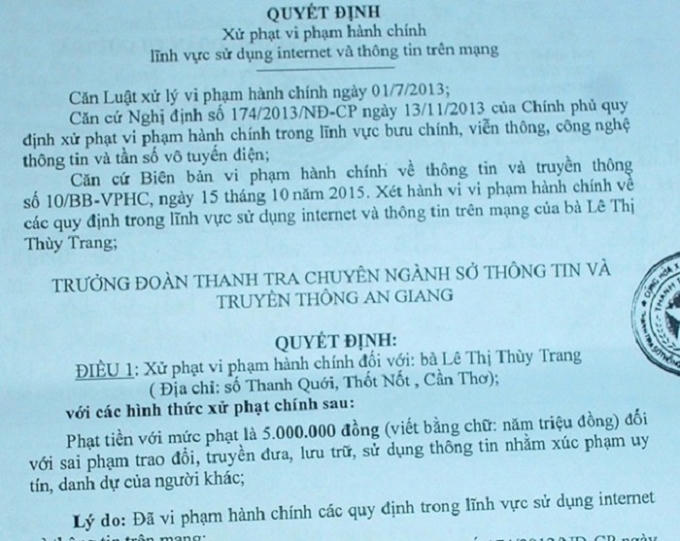Quyết định xử phạt hành chính của Sở TTT An Giang.