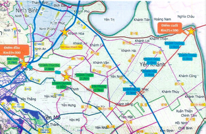 Tuyến đường cao tốc qua tỉnh Ninh Bình dài 25,3km; điểm đầu tại km0+000 nút giao Mai Sơn (xã Mai Sơn, huyện Yên Mô) và điểm cuối thuộc đầu cầu vượt sông Đáy, xã Khánh Cường, huyện Yên Khánh (Ảnh: ĐTM).