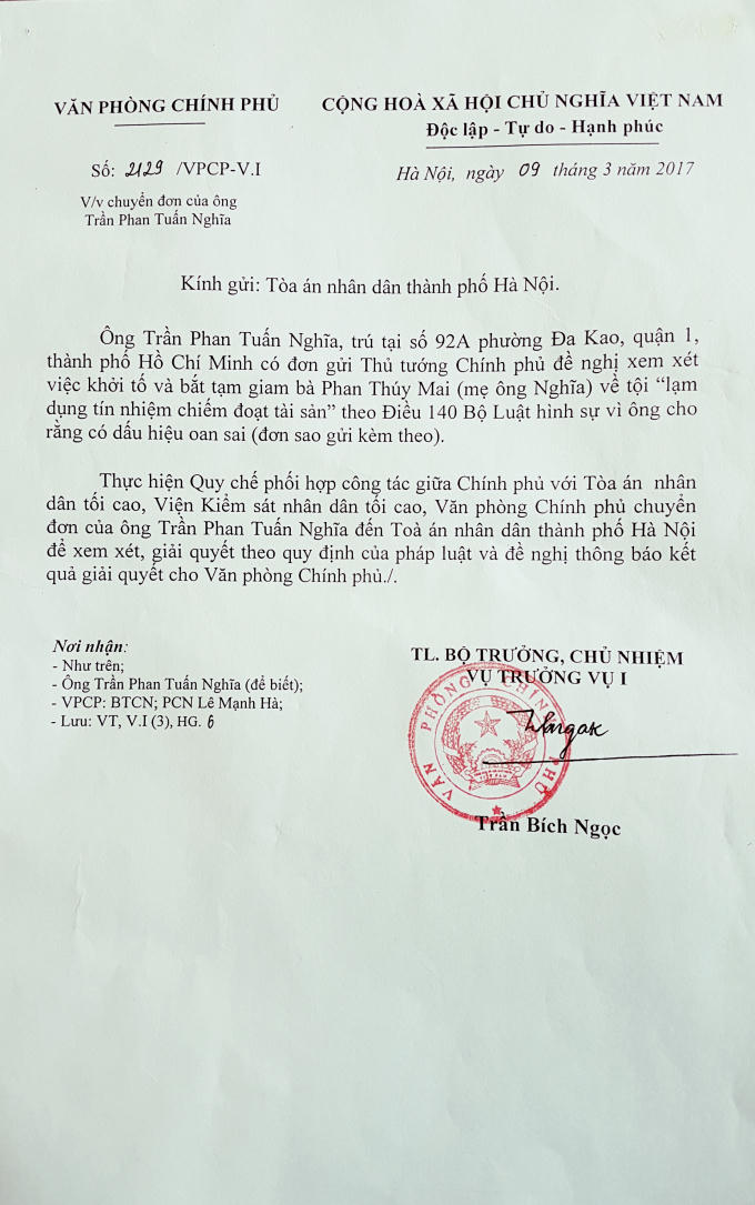 Văn bản yêu xầu xem xét, giải quyết của Văn phòng Chính phủ.