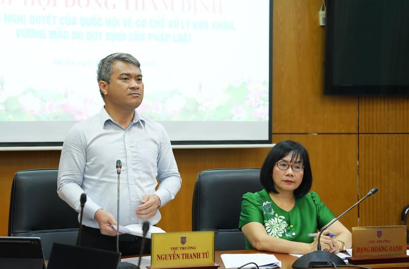 Thứ trưởng Bộ Tư pháp Nguyễn Thanh Tú (phát biểu) và Thứ trưởng Đặng Hoàng Oanh tại hội nghị.