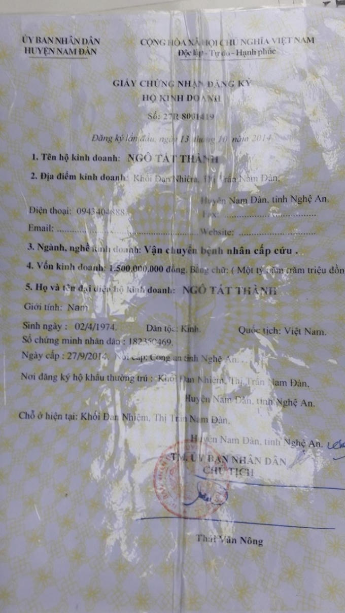 Giấy phép vận chuyển bệnh nhân cấp cứu của hãng xe cấp cứu Thành Công.