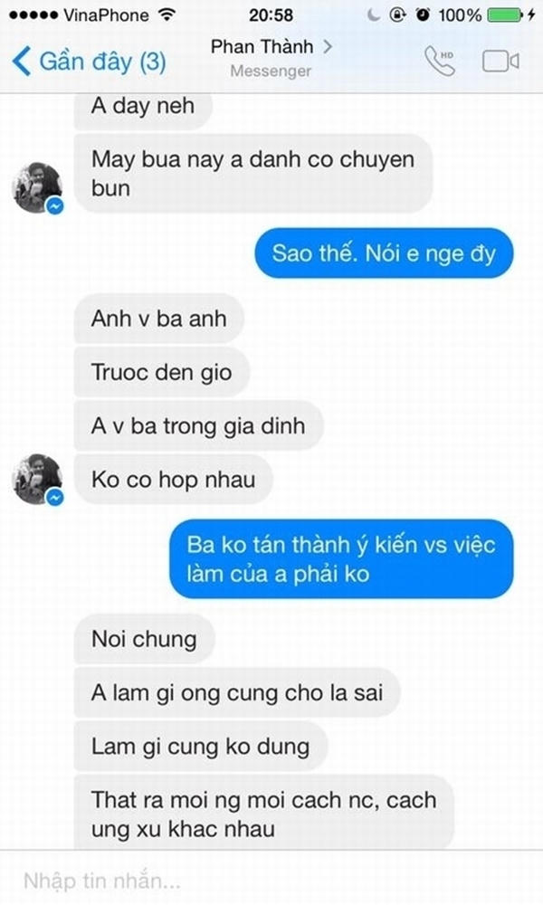 Những dòng tin nhắn được chính cô nàng Thúy Vi tung lên. Cô nàng nữ sinh cấp ba cũng lên tiếng cho rằng: "sở dĩ bản thân làm to mọi chuyện bởi cách hành xử của Phan Thành". Nhưng có lẽ, sự thật là do sau khi được gặp mặt trực tiếp người yêu qua mạng, vị thiếu gia này đã sốc trước nhan sắc thật của cô và muốn chấm dứt chuyện tình cảm nhanh chóng mà không được sự đồng ý từ phía nữ sinh này.Ảnh: Internet