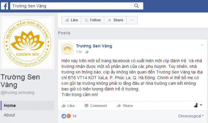 Thông báo trên trang Fanpage trường mầm non Sen Vàng phường Phúc La, quận Hà Đông.