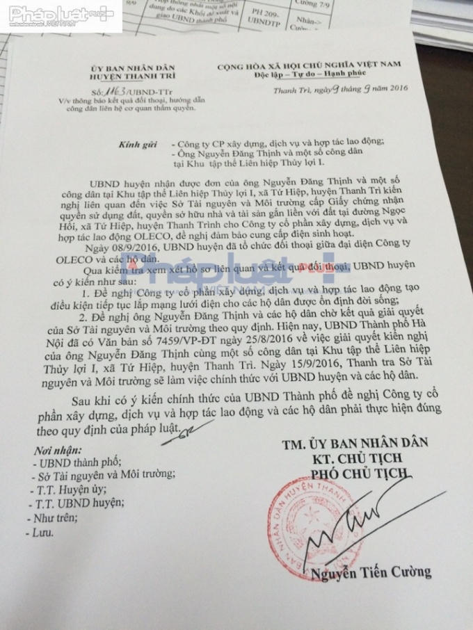 Văn bản 1163/UBND-TTr ngày 9/9 thông báo kết quả đối thoại giữa đại diện Công Ty OLECO và 11 hộ dân khu tập thể Liên Hiệp Thủy Lợi 1.