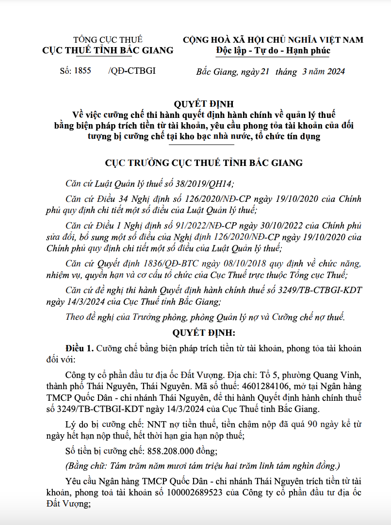 Quyết định cưỡng chế tiền thuế của Cục thuế tỉnh Bắc Giang đối với Công ty địa ốc Đất Vượng.