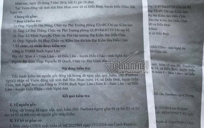 Biên bản Chi cục Kiểm lâm tỉnh Nghệ An xác nhận có 9 cá thể hổ lớn nhập từ Bỉ và Séc về Việt Nam là hợp pháp.
