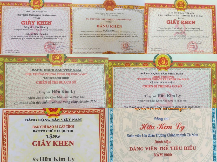 Trong quá trình công tác, cô Hữu Kim Ly đã được nhiều Giấy khen, Bằng khen của Thủ tướng Chính phủ; Bộ trưởng, Chủ nhiệm Ủy ban dân tộc, Chủ tịch UBND tỉnh Cà Mau; Hiệu trưởng trường Chính trị...