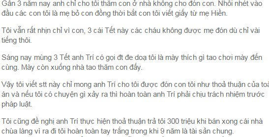 Chia sẻ của chị Hoàng Thu Hiền trên facebook về việc chồng cản trở thăm con sau ly hôn nhận được gần 800 lượt chia sẻ và hơn 3.000 lượt thích.
