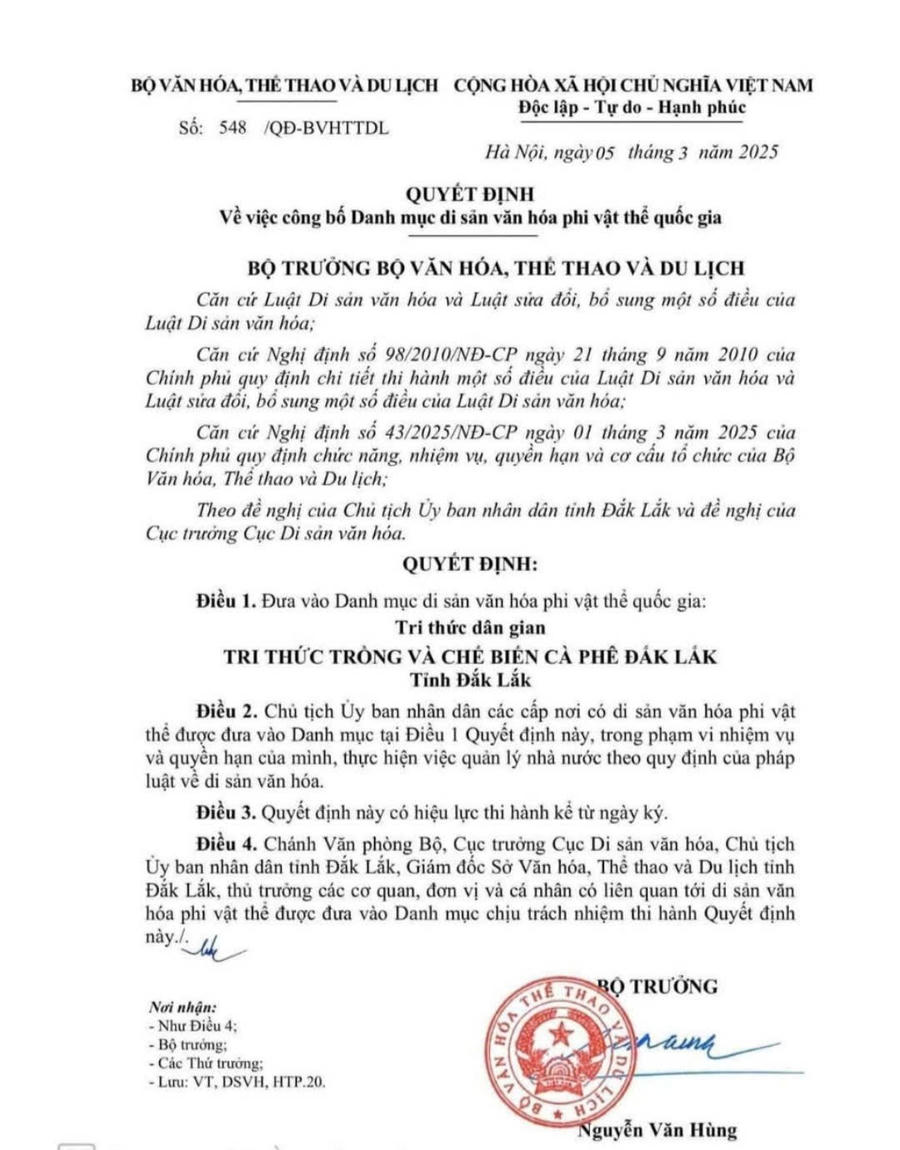 Quyết định công nhận di sản văn hóa tri thức trồng và chế biến cà phê của Đắk Lắk.