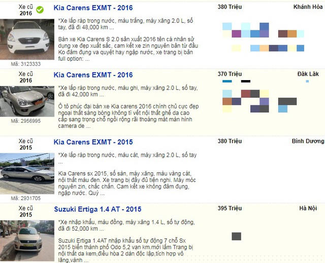 Các loại xe 7 chỗ của Kia Carens, Suzuki, Toyota Innova được sử dụng 5 đến 6 năm có giá bán dưới 400 triệu đồng. Mức giá này rẻ hơn nhiều so với trước đây.