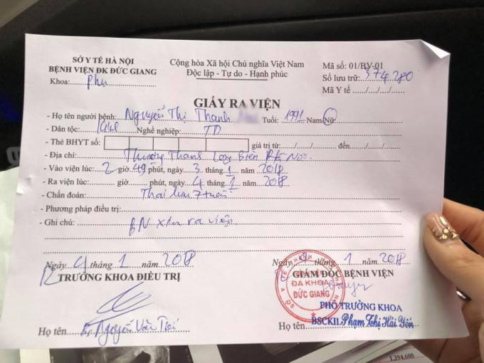 Giấy ra viện của chị Nguyễn Thị Thanh M.