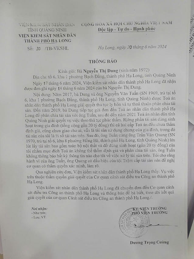 Thông báo của Viện kiểm sát nhân dân TP.Hạ Long gửi Công an TP.Hạ Long xem xét giải quyết theo thẩm quyền.