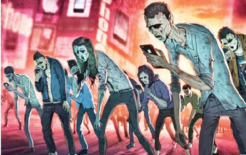 Tranh biếm họa về nghiện điện thoại.