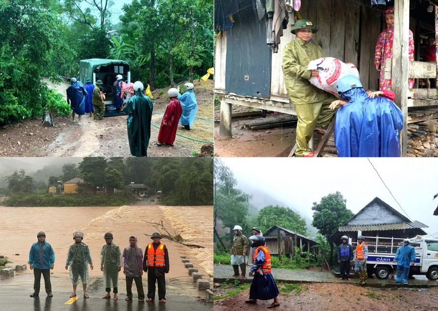 Lực lượng chức năng Công an tỉnh Quảng Trị hỗ trợ người dân đến nơi tránh trú an toàn. Ảnh: BCA