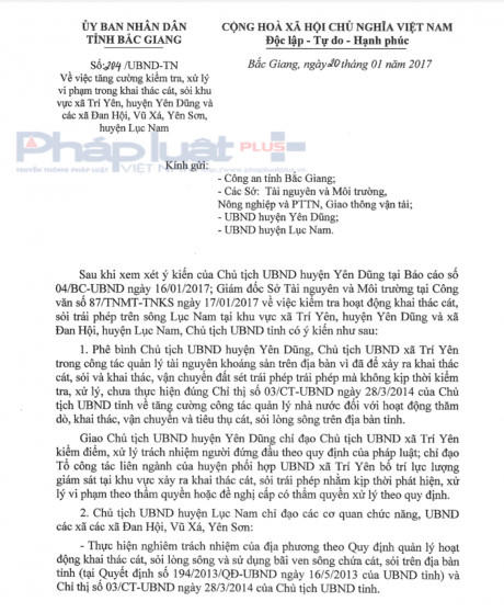 Văn bản phê bình chủ tịch UBND huyện Yên Dũng.