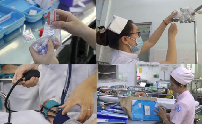Người ghi bệnh án, người bóp bóng đo huyết áp, phân chia thuốc, hay thay bình nước truyền cho bệnh nhi