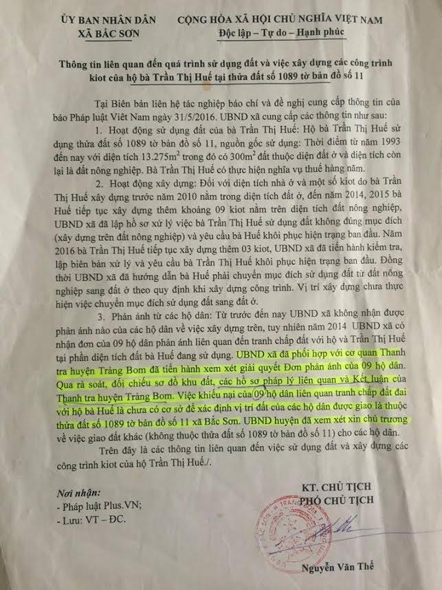 Văn bản trả lời báo chí của UBND xã Bắc Sơn phủ nhận việc đất 9 hộ dân khiếu nại không liên quan đất hộ bà Huế