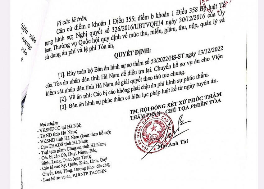 Tòa Cấp cao tại Hà Nội từng nhận định cấp tố tụng sơ thẩm có những sai lầm nghiêm trọng trong điều tra và xét xử nên đã tuyên hủy án yêu cầu điều tra lại!