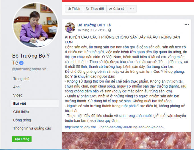Khuyến cáo cách phòng chống sán dây và ấu trùng sán lợn trên Fanpage của Bộ trưởng Bộ Y tế.