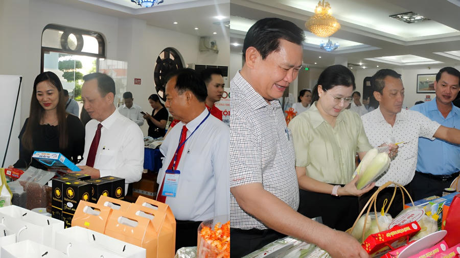 Ông Phạm Văn Thiều - Phó Bí thư Tỉnh ủy, Chủ tịch UBND tỉnh Bạc Liêu, cùng lãnh đạo Sở, ngành, địa phương tham quan trưng bày sản phẩm OCOP.