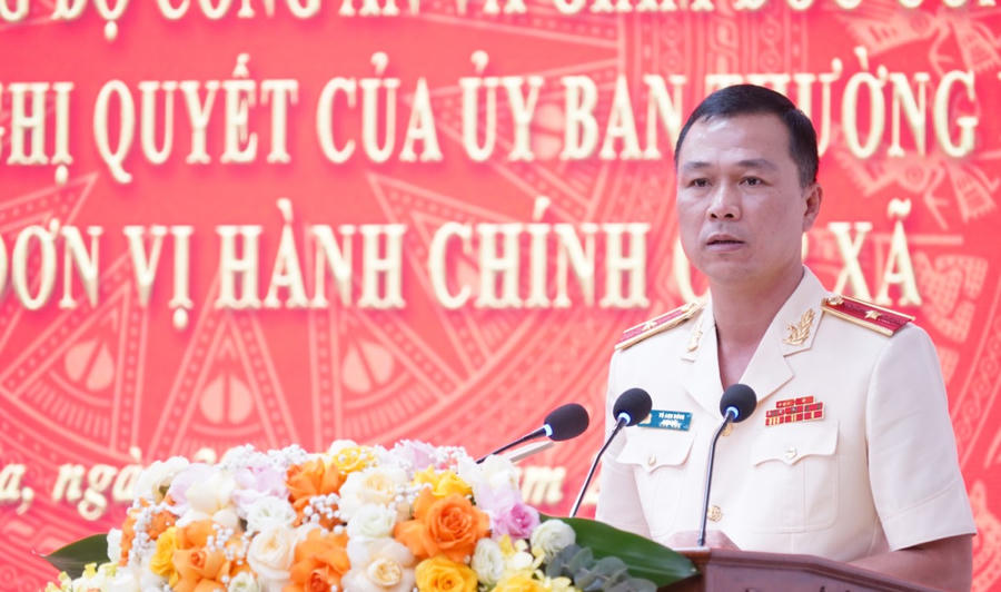 Thiếu tướng Tô Anh Dũng, Bí thư Đảng ủy, Giám đốc Công an tỉnh phát biểu tại buổi Lễ. (Ảnh: CATH)