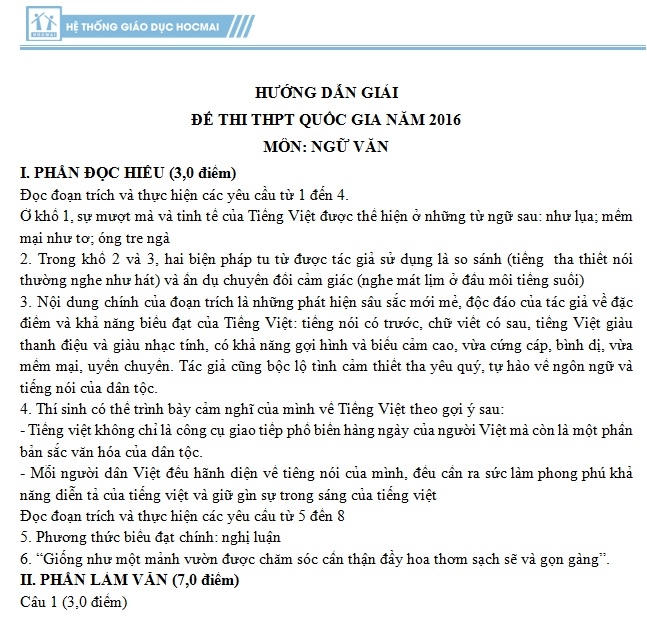 Gợi ý đáp án môn Ngữ văn kỳ thi THPT Quốc gia 2016. VietNamNet