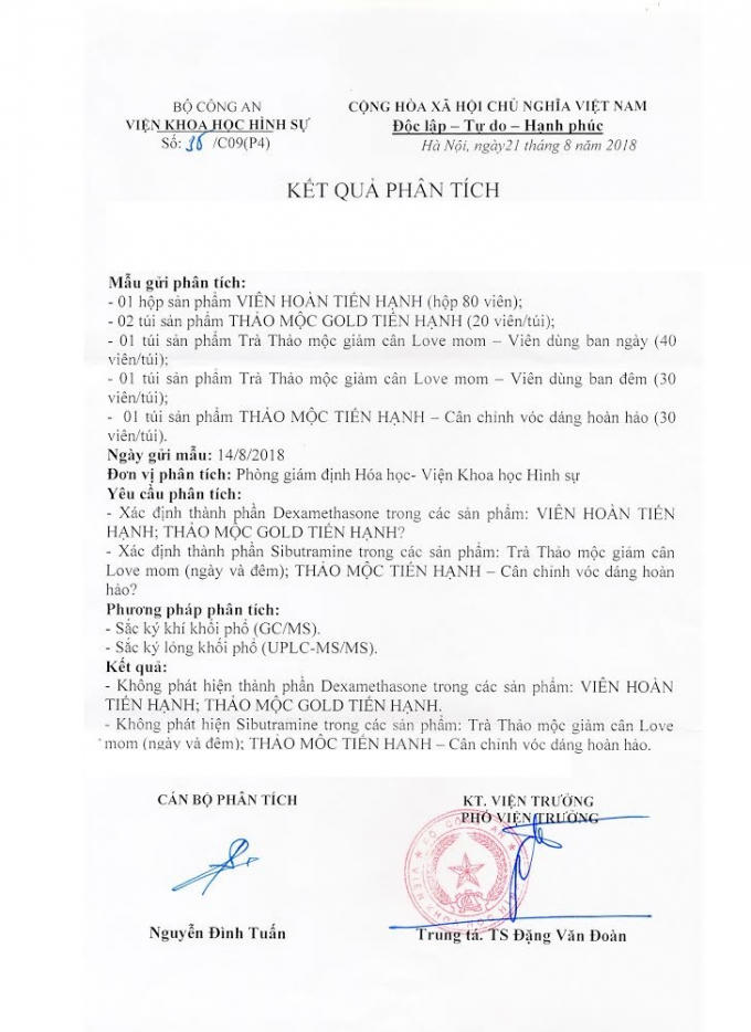 Kết quả phân tích của Viện Khoa học hình sự - Bộ Công an xác nhận không phát hiện các chất cấm trong các loại thảo mộc, thực phẩm chức năng Tiến Hạnh.