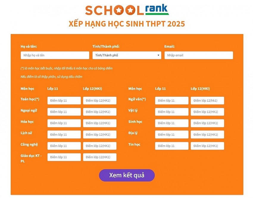Công cụ tra cứu xếp hạng học sinh THPT - SchoolRank 2025.
