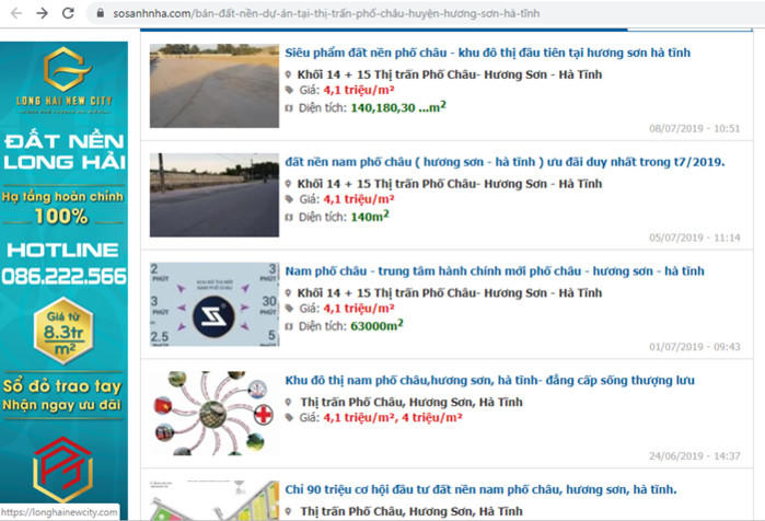 Đất nền dự án khu đô thị Nam Phố Châu được rao bán trên nhiều website.