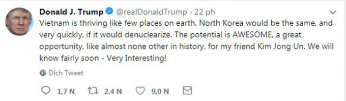 Dòng Tweet chia sẻ trên Twitter của Tổng thống Mỹ Donald Trump sáng 27/2.