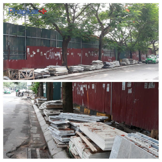 Gần cổng chính dự án vật liệu xây dựng để ngổn ngang chiếm trọn vỉa hè.