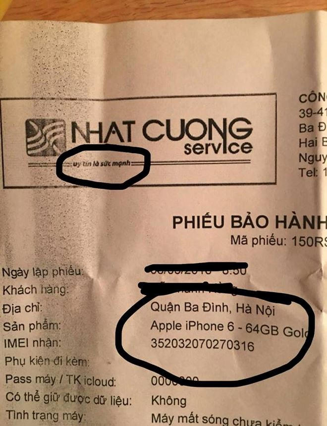 Nơi chị H mang máy đến sửa và có xác nhận thông số máy.