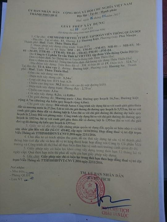Giấy phép xây dựng trạm của Viettel.