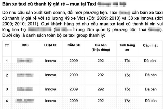 Khá nhiều xe taxi thanh lý được rao bán trên mạng. Ảnh ST. 