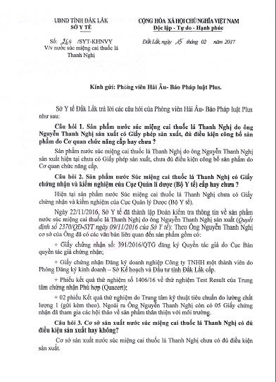 Sở Y tế Đắk Lắk trả lời Pháp luật Plus khẳng định sản phẩm dung dịch cai thuốc Thanh Nghị bán trên thị trường là bất hợp pháp.