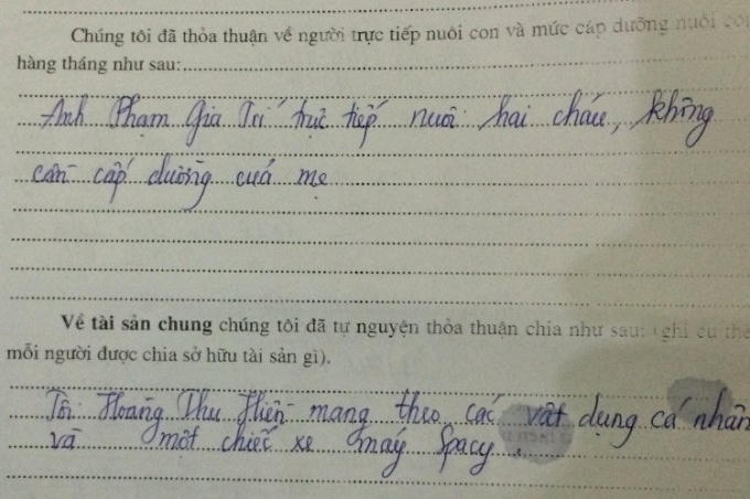 Thỏa thuận trong "Đơn yêu cầu công nhận thuận tình ly hôn, nuôi con, chia tài sản khi ly hôn" của anh Trí, chị Hiền. Ảnh: NVCC.