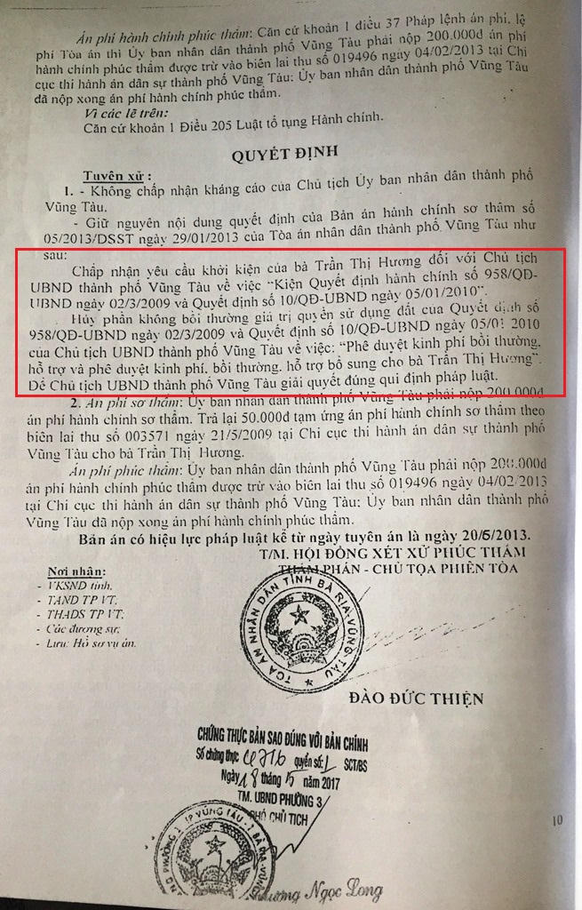 Bản án khẳng định đất bà Hương đủ điều kiện đền bù về đất.