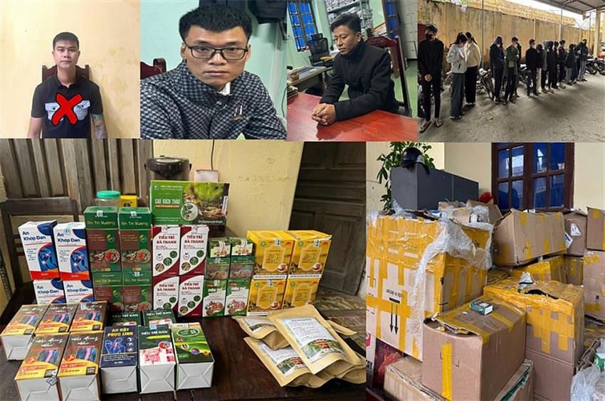 Đối tượng Nguyễn Văn Anh (X) cùng các đối tượng trong đường dây lừa đảo và các tang vật thu giữ. Ảnh BCA.