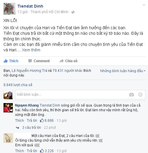Chia sẻ của Đinh Tiến Đạt sau khi Hari Won lên tiếng cả 2 đường ai nấy đi. MC Nguyên Khang cũng đã an ủi Đinh Tiến Đạt.