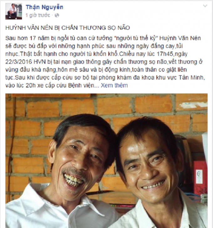 Thông tin Huỳnh Văn Nén bị tai nạn dẫn đến chấn thương sọ não xuất hiện trên Facebook cá nhân của thầy Nguyễn Thận.