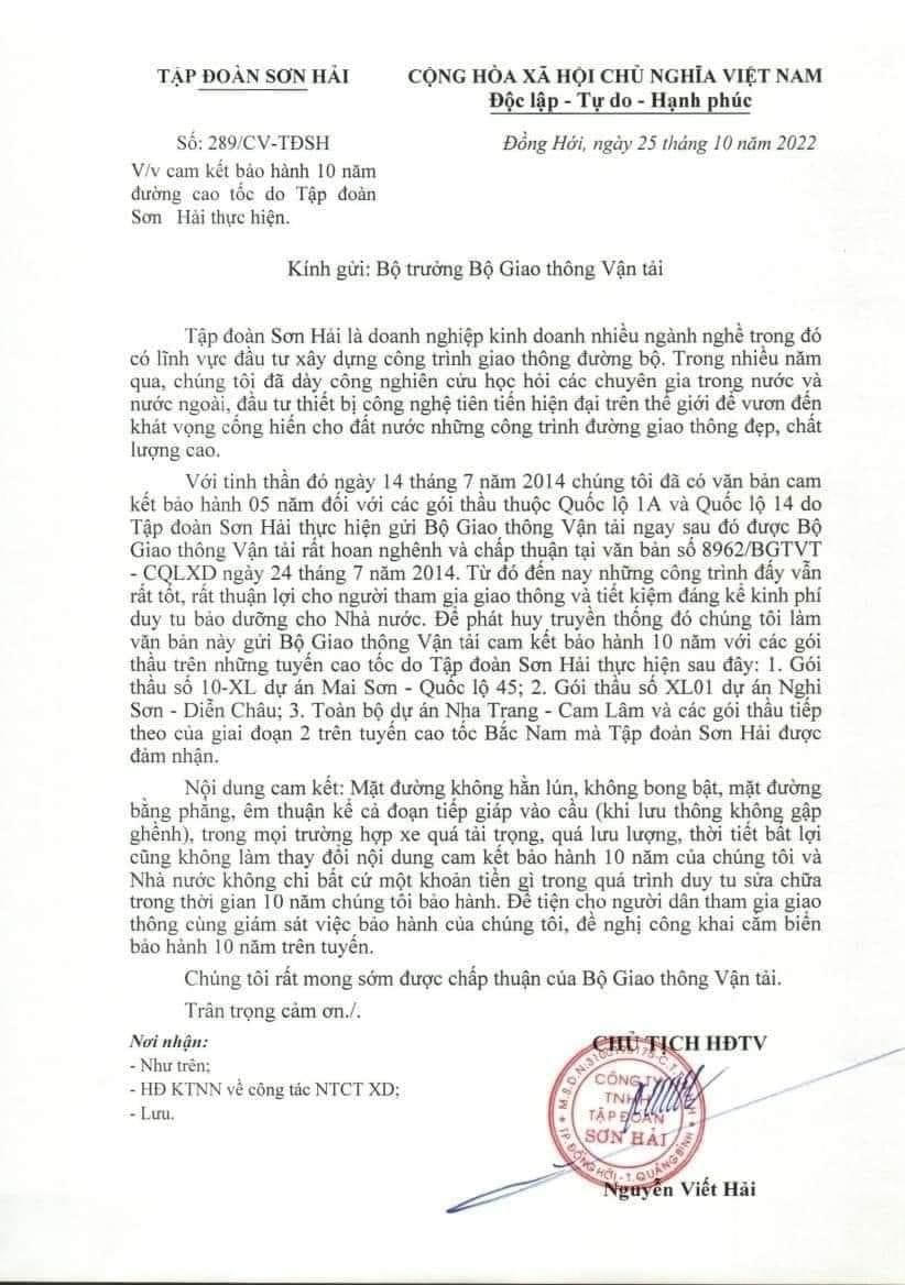 Văn bản của Tập đoàn Sơn Hải.