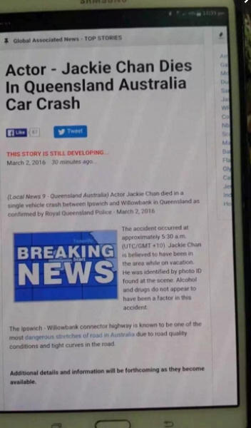 Thông tin Thành Long qua đời được đăng tải trên báo Anh. Ảnh: internet.