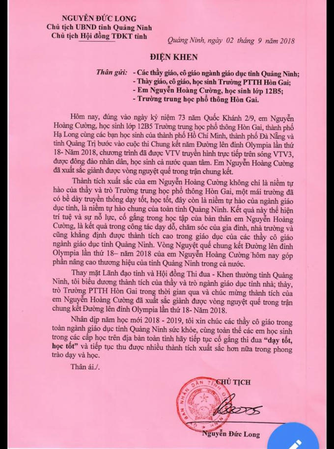 Nội dung Điện khen dành cho Nguyễn Hoàng Cường và các thầy, cô trường THPT Hòn Gai.