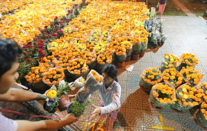 Ngoài thức đêm trông hoa Tết, thời điểm khuya các xe chở hàng cũng nhộn nhịp đổ về Sài Gòn.