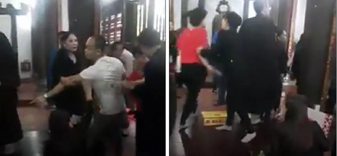 Người chồng liên tục chửi bới ầm ĩ trong khi người vợ rút guốc dọa đánh người khác.