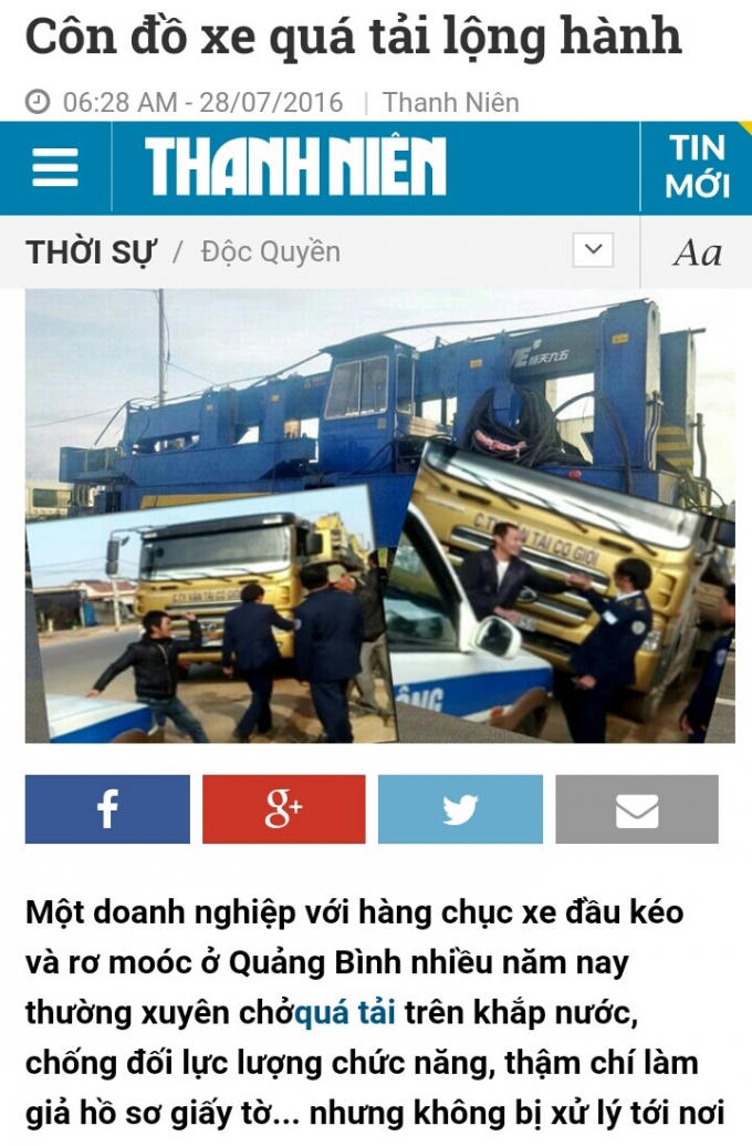 Ảnh chụp màn hình bài viết “Côn đồ xe quá tải lộng hành” trên báo Thanh Niên.